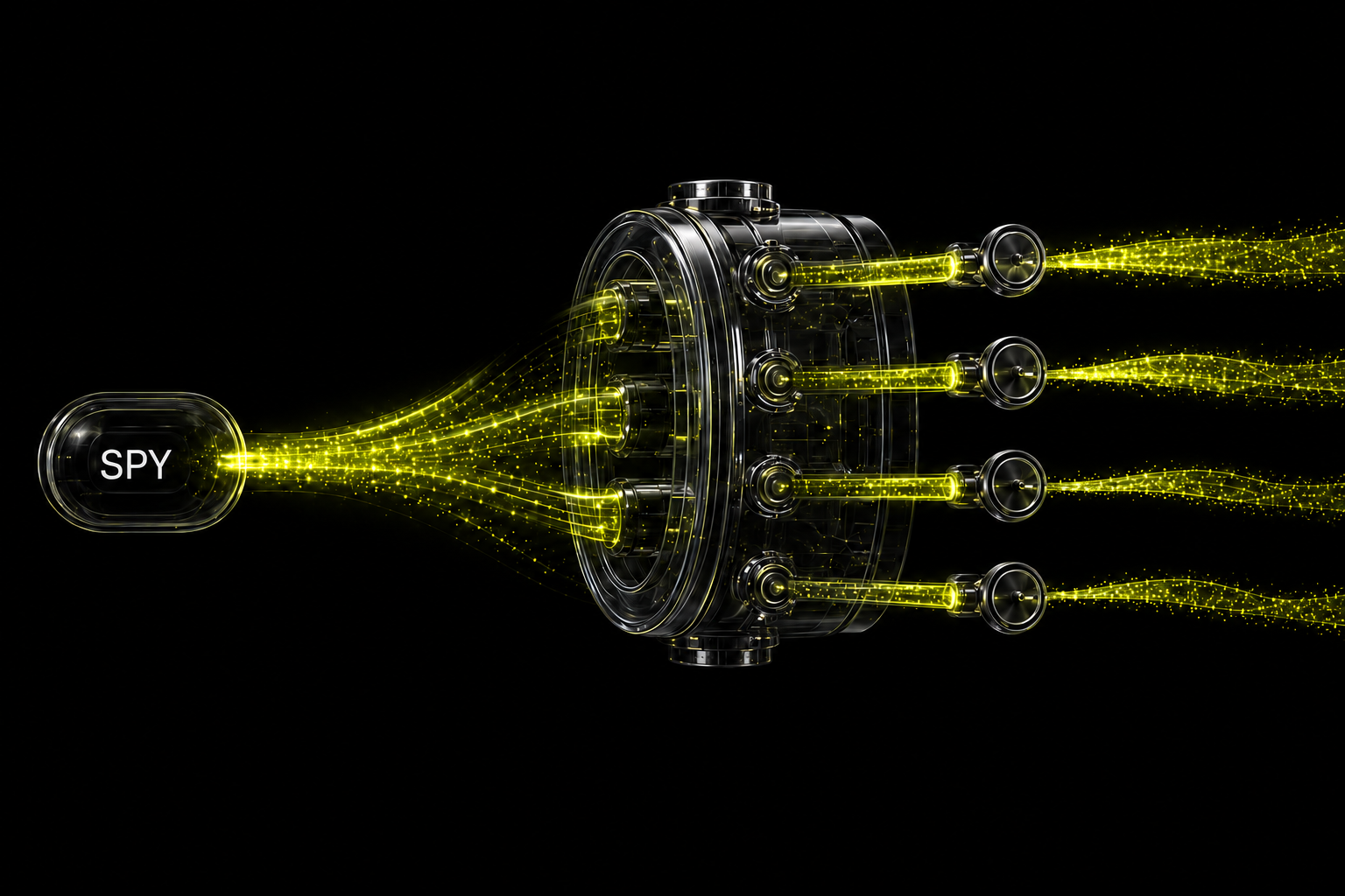 Router manifold — SPY dividend stream splitting through glass valves into four destinations